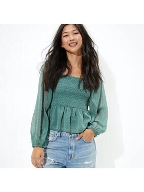 AMERICAN EAGLE Smocked Swiss Dot Square Neck Blouse Sage XXL